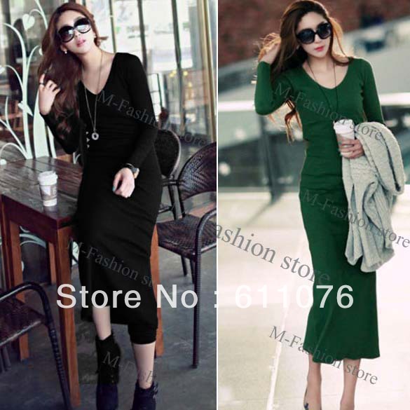 Women V-neck Long Sleeve Style Cotton Slim Fit Long Dress New Black, Green free shipping 7961