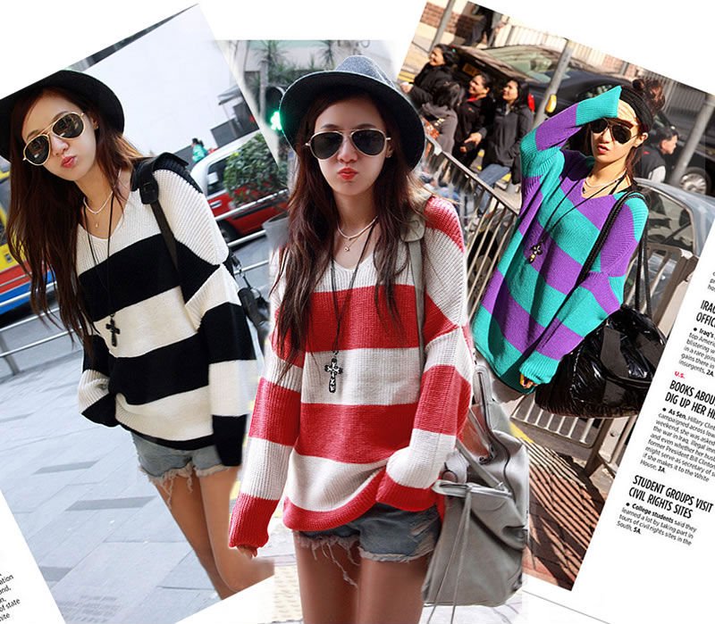 WOMEN V-NECK STRIPED BATWING SLEEVE  KNIT TOP  WF-1427