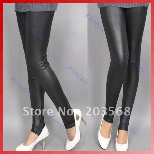 Women Vintage Imitation Leather Leggings Health Massage Pants Stockings Black