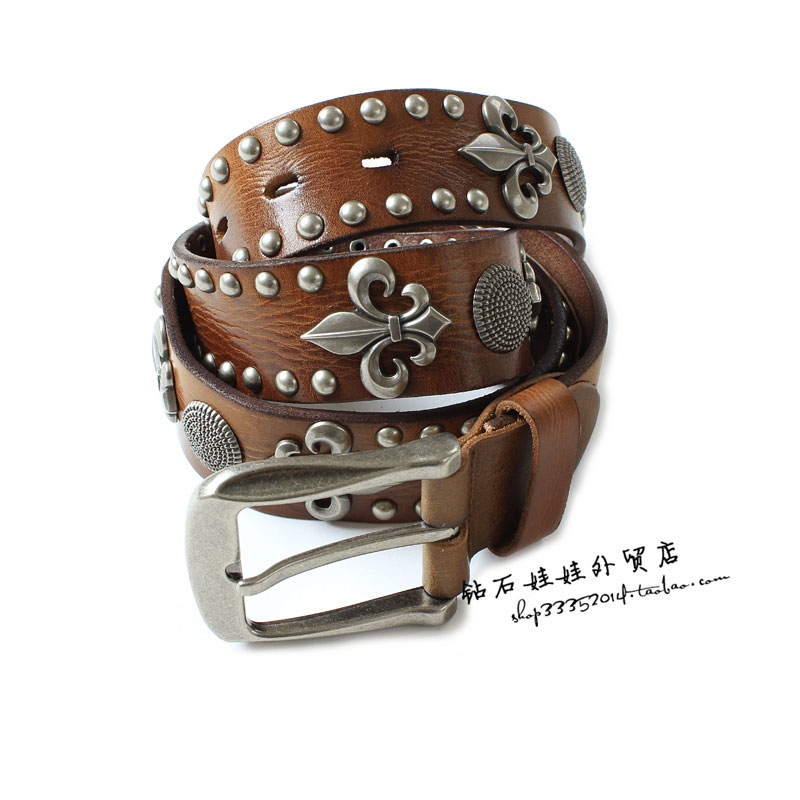 Women vintage punk rivet flower women's genuine leather first layer of cowhide belt 3