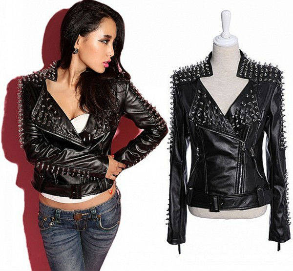 Women VTG Punk Rock Hand Made Rivets Spike Studded Moto Faux Leather Jacket Coat Free Shipping Wholesale