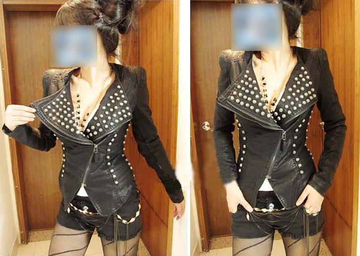 Women Vtg Punk Studded Peak Power Shoulder PU Leather Tuxedo Coat Blazer Jacket