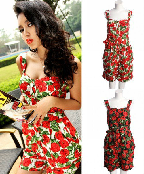 Women Vtg Retro Pinup Floral High Waist Belted One Piece Shorts Jumpsuit Romper Free Shipping Wholesale