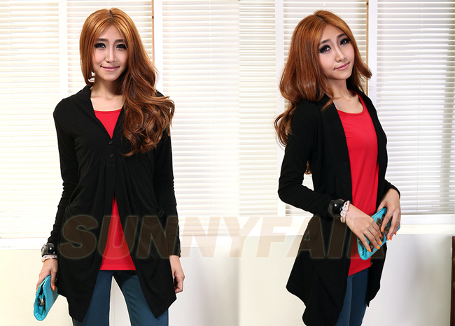 Women Waist Wrap Ruched Bottons Asy Hem Knit Thin V Neck Mid Long Blouse Coat