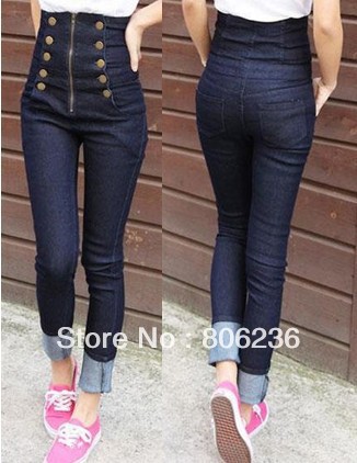 Women Western Style New Arrive Double Breasted High Waist Fashion Denim Jeans  A1723