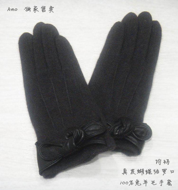 Women wool cashmere gloves genuine leather bow screw Size fits all