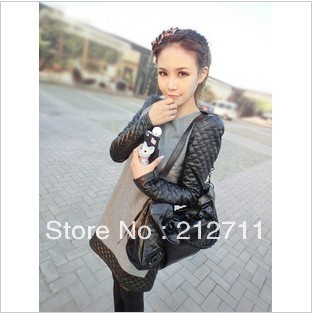 Women woolen patchwork leather shoulder pads one-piece dress   long-sleeve dress Free delivery