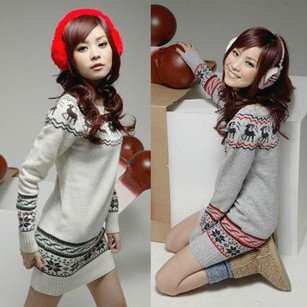 women woolen round collar knitwear sweater lady sweet lovely deer long pullovers sweater free shipping