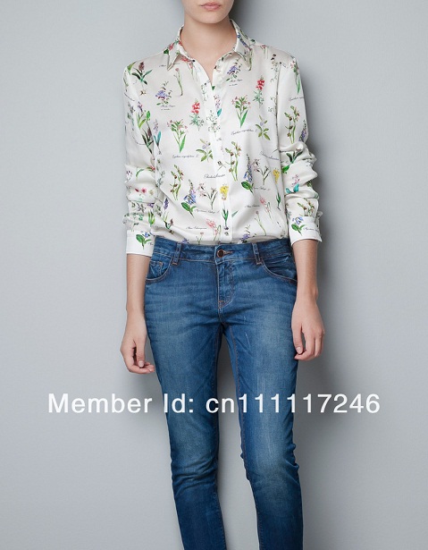 Women ZA** Super Fashion Printed Blouse with Appliques Around Neckline, Herb Shirt, Freeshipping