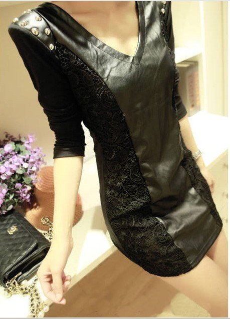 Womens 2012 new autumn and winter European wind slim lace leather stitching long sleeve winter dress / women dress