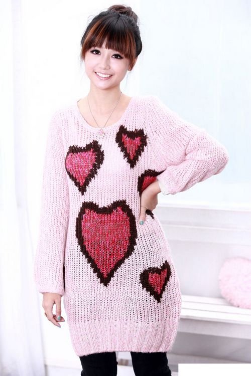 Womens Big Size Heart Shape Long Sleeve Pullovers O-Neck Pink Midi Hollow Sweater Winter Casual Clothing Free Shipping b2116