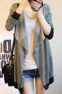 Womens Black and White Soft Striped Long Sleeve Wrap Sweater Knit Cardigan