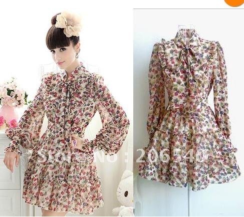 Womens Bow Ribbon Tie Neck Long-Sleeved Flouncing Trim Floral Chiffon Dress