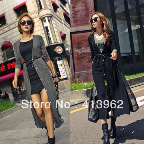 Womens Casual Loose Splice Long Version With Leather Strap Coat Tops YFW9890