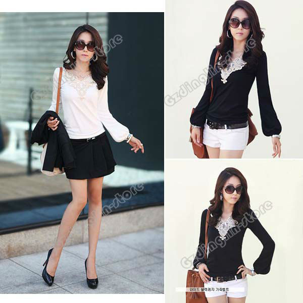 Womens Clothing Long Sleeve Vintga V Neck Cotton Blend Casual Tops T-Shirt Size S 2 Color White Black Size S Free Shipping 0152