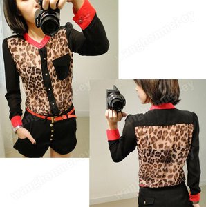 Womens Color Block Stand-Up Collar Leopard Print Chiffon Long Sleeve Shirt