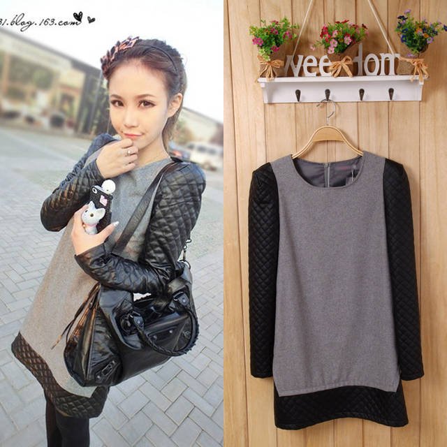 Womens Elegant Casual Fall Winter Full Sleeve woolen Pu leather Dress M / L / XL / XXl Free Shipping