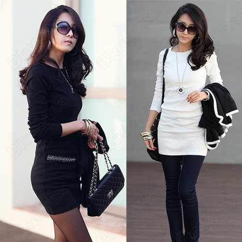 Womens Elegant Temperament Long Sleeve Cotton Round Neck Slim Dress Chic Shinning Crystal Free Ship 33112