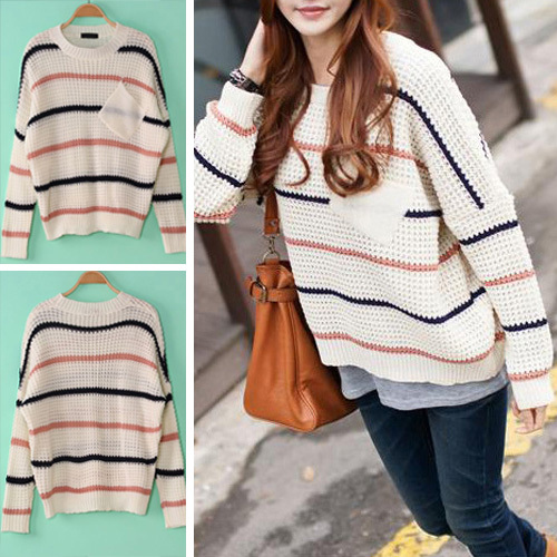 Womens Fashion Bulky Striped Dumpy Baggy Knitted Jumper  sweater 8/10 free shipping ws 111