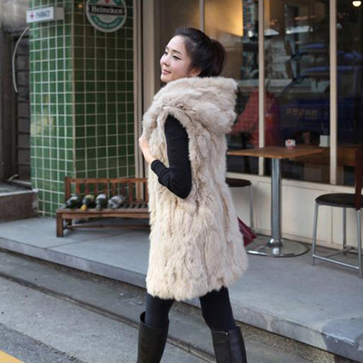 Womens Fashion Casual Faux Rabbit Fur Hooded thickened long Vest Jacket 3 Size