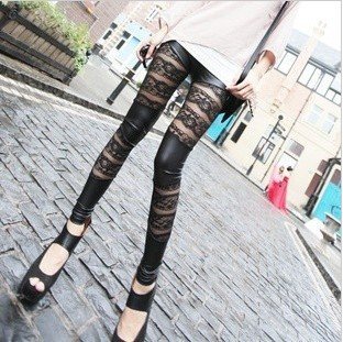 Womens Fashionable Splice Lace PU Leather Leggings S M L