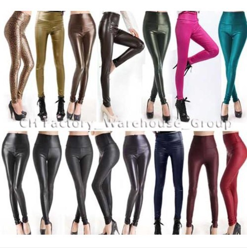 Womens Faux Leather Look High Waist Leggings Pants Tights XS S M L