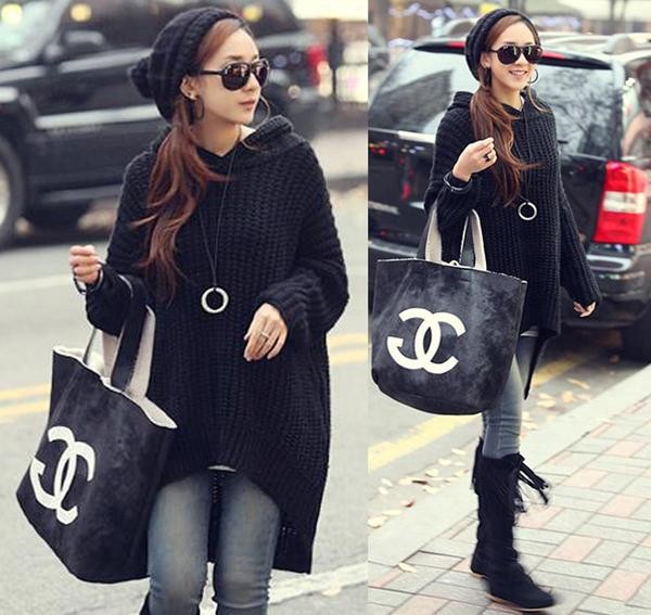 Womens Korean Loose Long Irregular Hem Hooded Sweater Fashion Outerwear