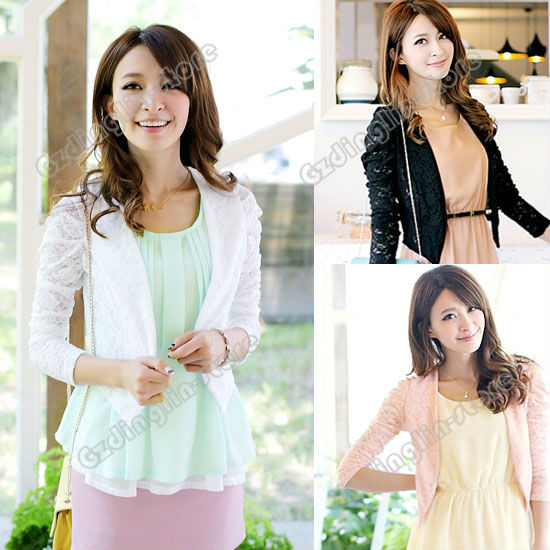 Womens Ladies Clothing Long Sleeve Elegant Casual Lace Short Jacket Small Coat Outerwear Black White Size S Free Shipping 0653