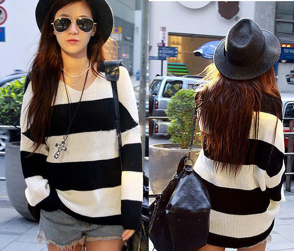 Womens Long Sleeve Sweater Round Neck Striped Knitwear Baggy Top Pullover Jumper