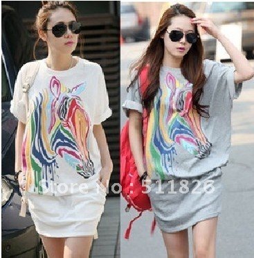 Womens Loose Colorful Zebra Round Neck Short Sleeve Dress Skirt free shipping 5107