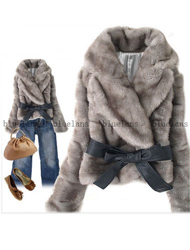 Womens Luxe Short Faux Fur Coat Belted mini Cape Jacket F White Beige Black Gray