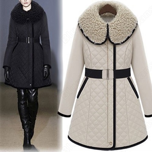 Womens Luxury Elegant Wool Lapel Slim Belted Warm Plaids Quilted Long Sleeve Pocket Cotton Padded Outwear Coat Jacket