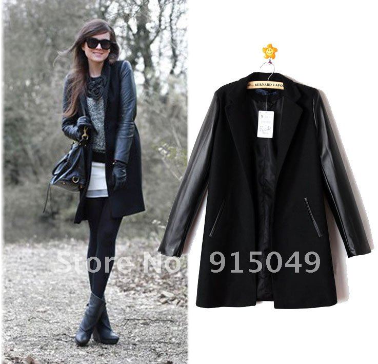 Womens New Celeb Style Luxury Faux Leather Long Sleeve Woolen Trench Coat