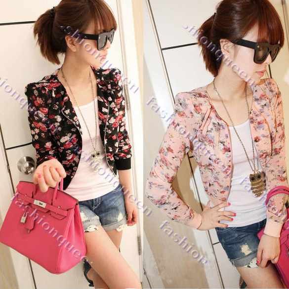 Womens Outwear Fashion Long Sleeve Floral Print Shrug short jackets for women Chiffon coat Top 3 Colors Free Size 7339