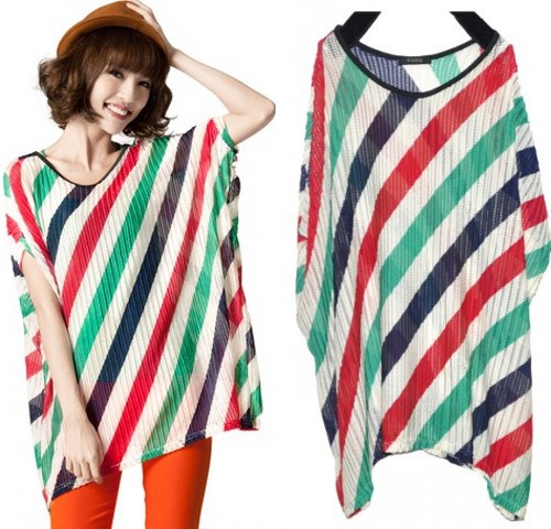 Womens Plus Size Short Batwing Sleeve Loose Candy Colorful Stripe Knitwear Cardigan Hollow Sweaters/Free Shipping/C237