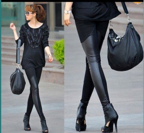 Womens Shiny Stretch Black Lycra Spandex Faux Leather Tights