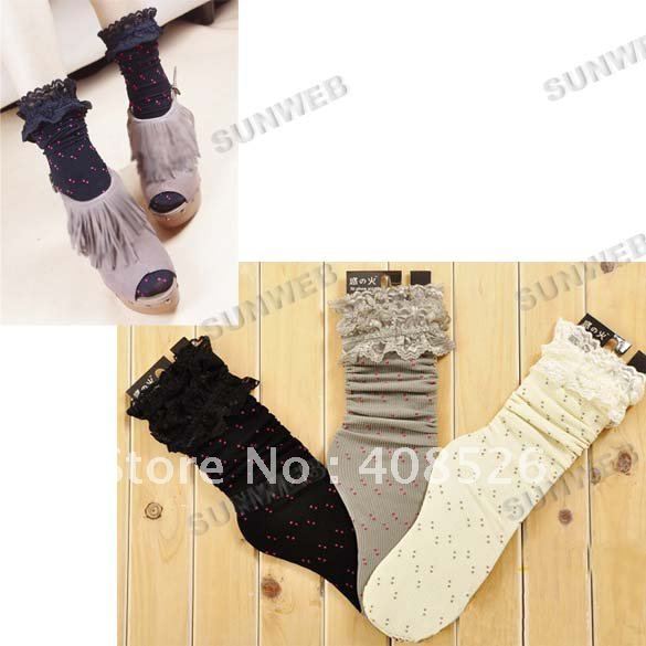 Womens socks Cotton lace printing flower Short Polka Dot Knee Socks Gray, Black, Beige free shipping 5241