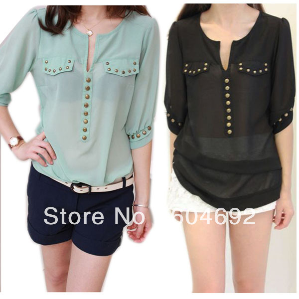 Womens Studded Top Chiffon Blouse See though Short Sleeve Beaded Casual T-shirt  CY0278