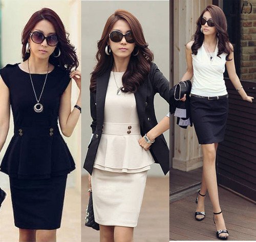 Womens Twinset OL Dress Suit Sleeveless Peplum Tops Bodycon Pencil Skirts 6891#