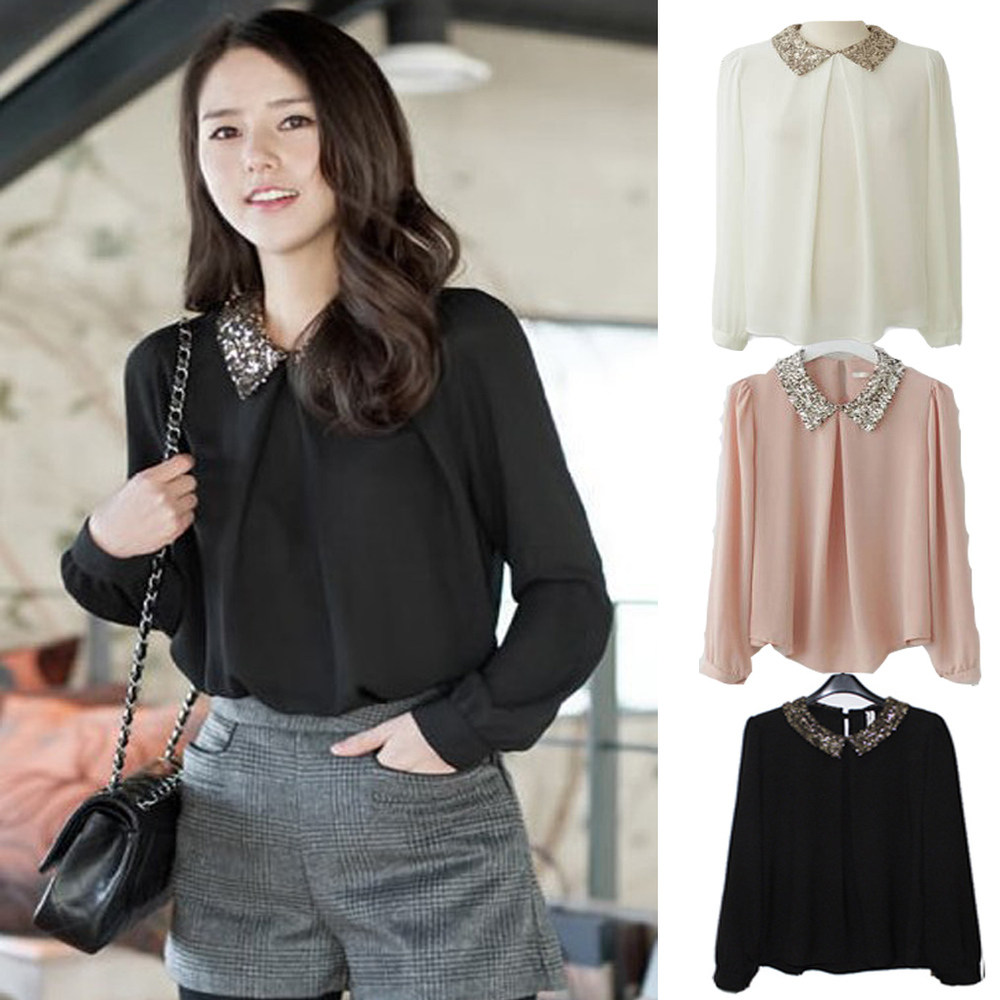 Womens Vintage Sequins Peter Pan Collar Puff Sleeve Sheer Loose Tops Blouse