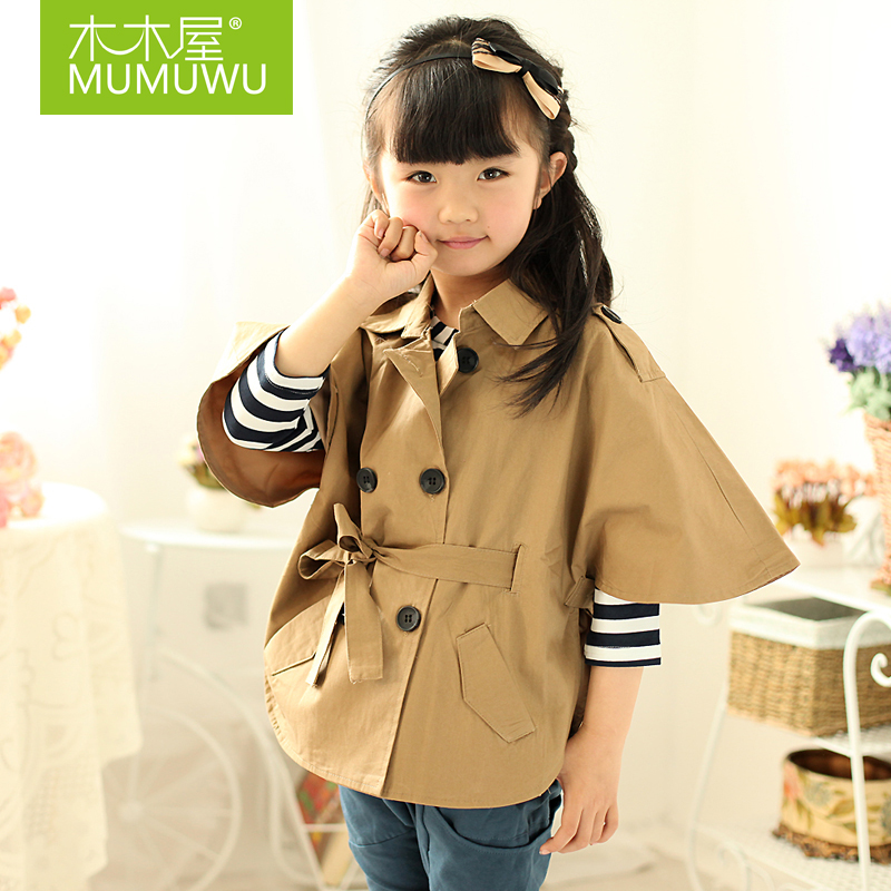Wood log-cabin 2013 spring turn-down collar short trench outerwear children's clothing