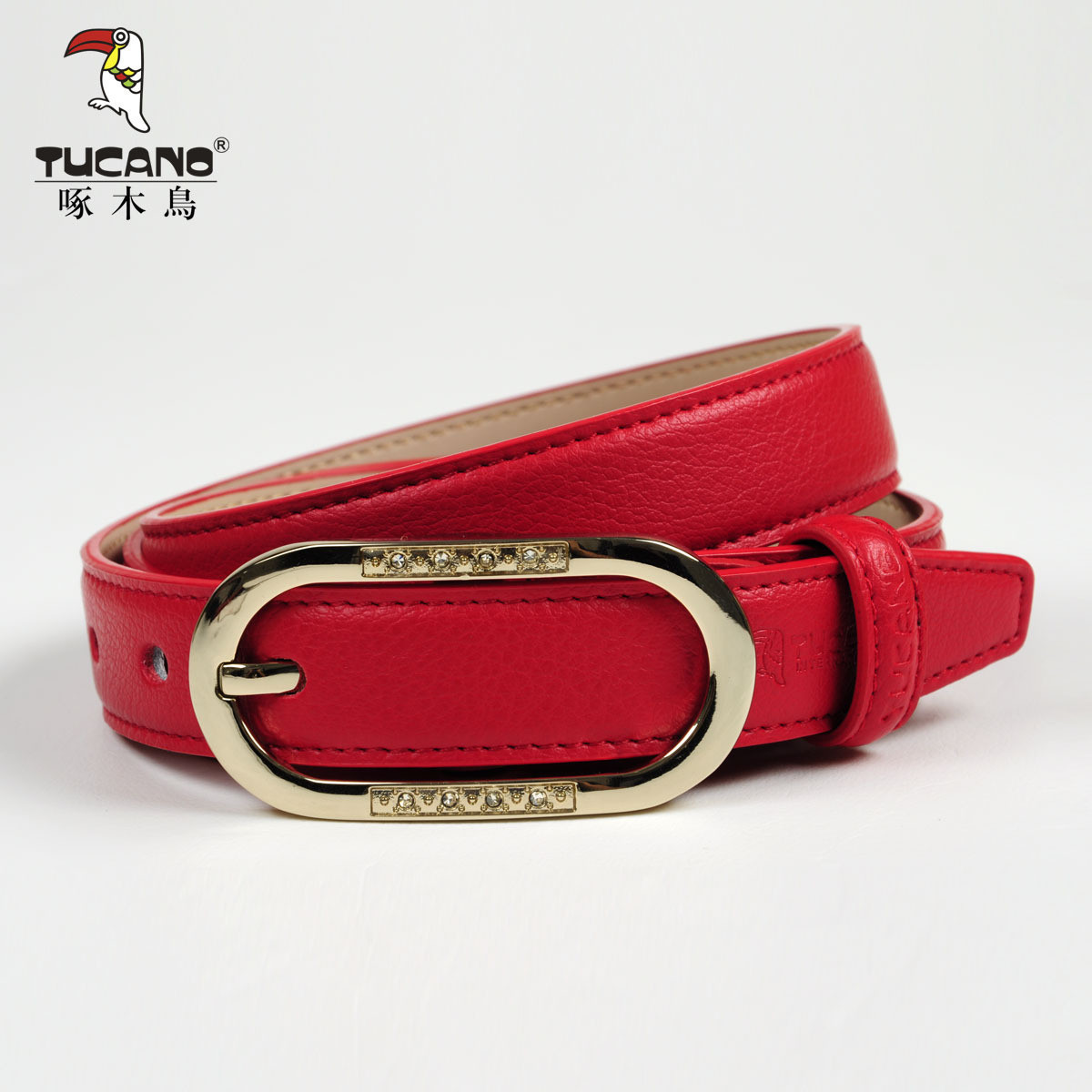 Woodpecker women's red lucky pin buckle genuine leather strap cowhide sparkling diamond belt