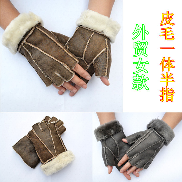 Wool and fur in one semi-finger gloves genuine leather gloves women's gloves thermal winterisation finger gloves