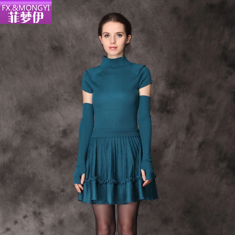 Wool one-piece dress autumn and winter gentlewomen turtleneck slim plus size pleated basic skirt gloves fx209