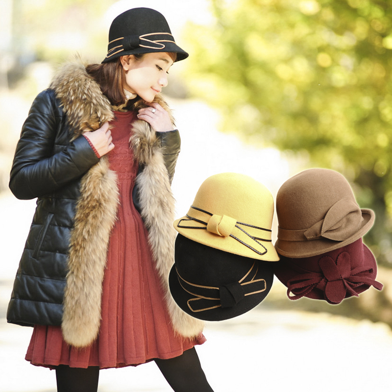Wool winter hat female fashion circle bow cap vintage flower cap helmet-hat b2376
