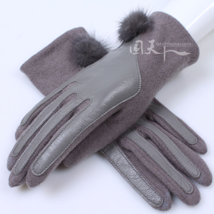 Wool with Sheepskin Genuine Leather Patchwork Elegant/Fashion Style Women's/Female Wool Thermal Finger Gloves Free Shipping ST9