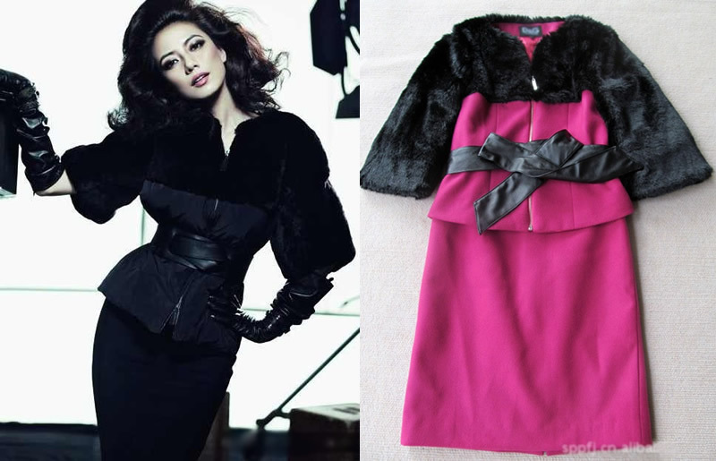 Wool women set jacket with belt and skirt elegant rabbit fur jacket  new hot sale  Free shipping