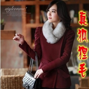 Wool wool coat women winter Wine red woolen overcoat slim trench outerwear fox fur