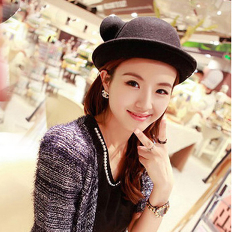 Woolen cat ear vintage roll-up hem dome small fedoras devil hat autumn and winter