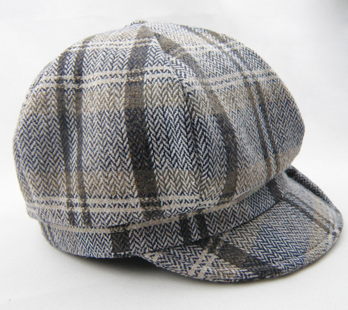 Woolen check badian cap women's newsboy cap hat brim roll up hem wood button